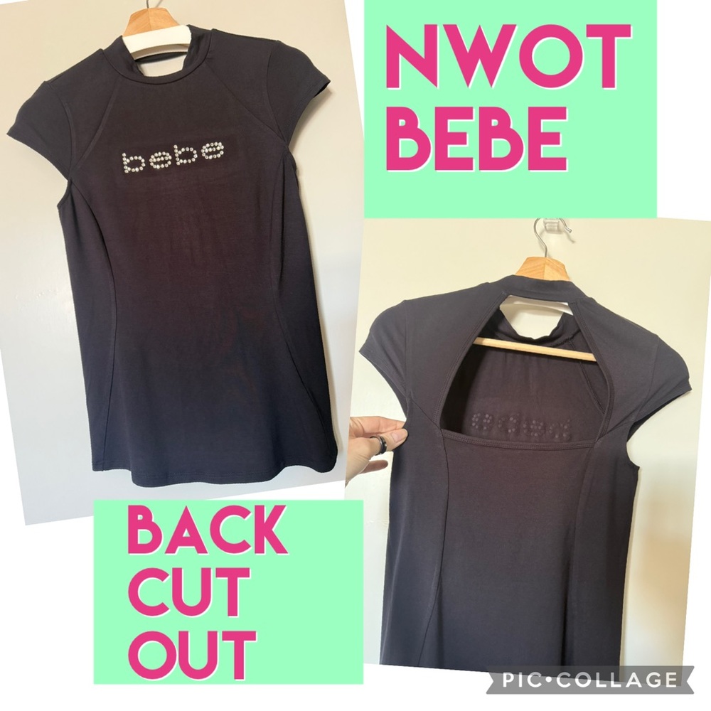 NWOT Bebe cutout back, mock neck, cap sleeve black w/rhinestone logo, M